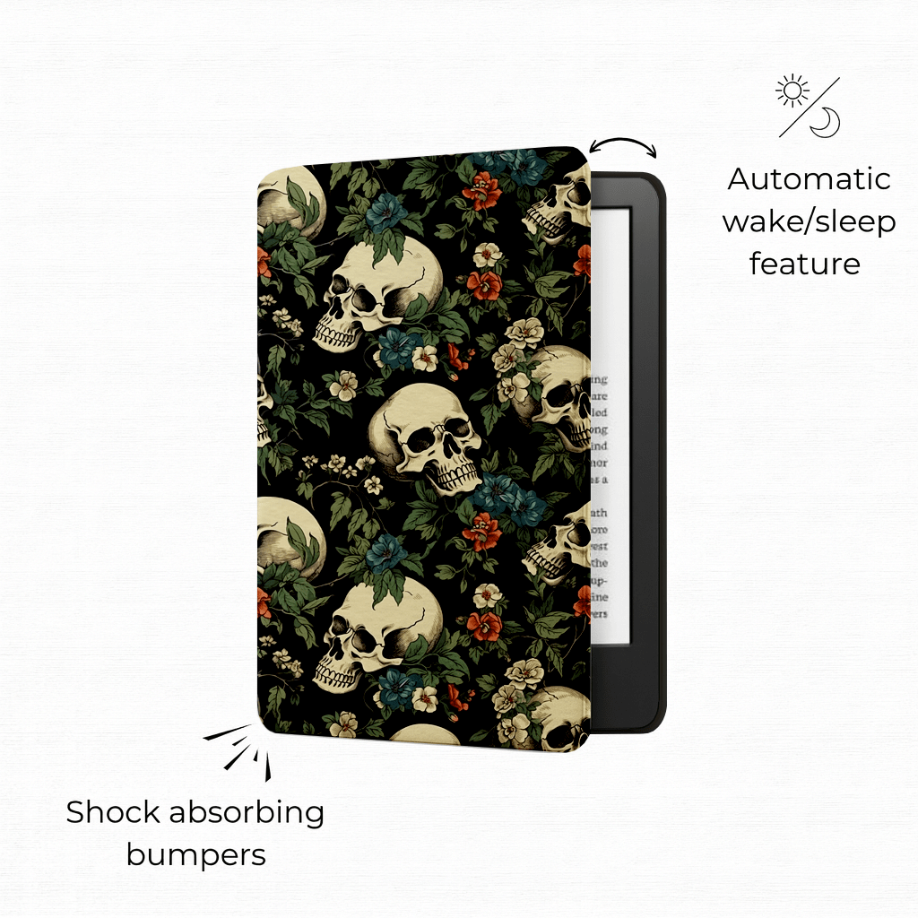 Garden of skulls Kindle case open and angled showing interior and auto wake/sleep