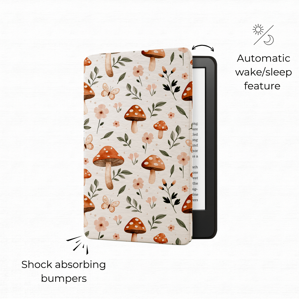 Spring mushies Kindle case open and angled showing interior and auto wake/sleep