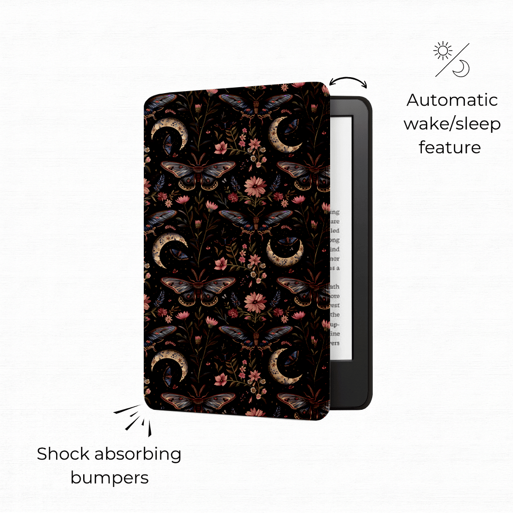 Boho Botanical Kindle case features - hand strap, magnets, auto wake/sleep