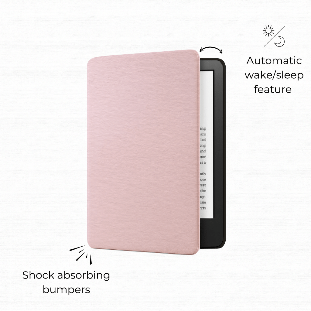 Baby pink Kindle case open showing interior and hand strap functionality
