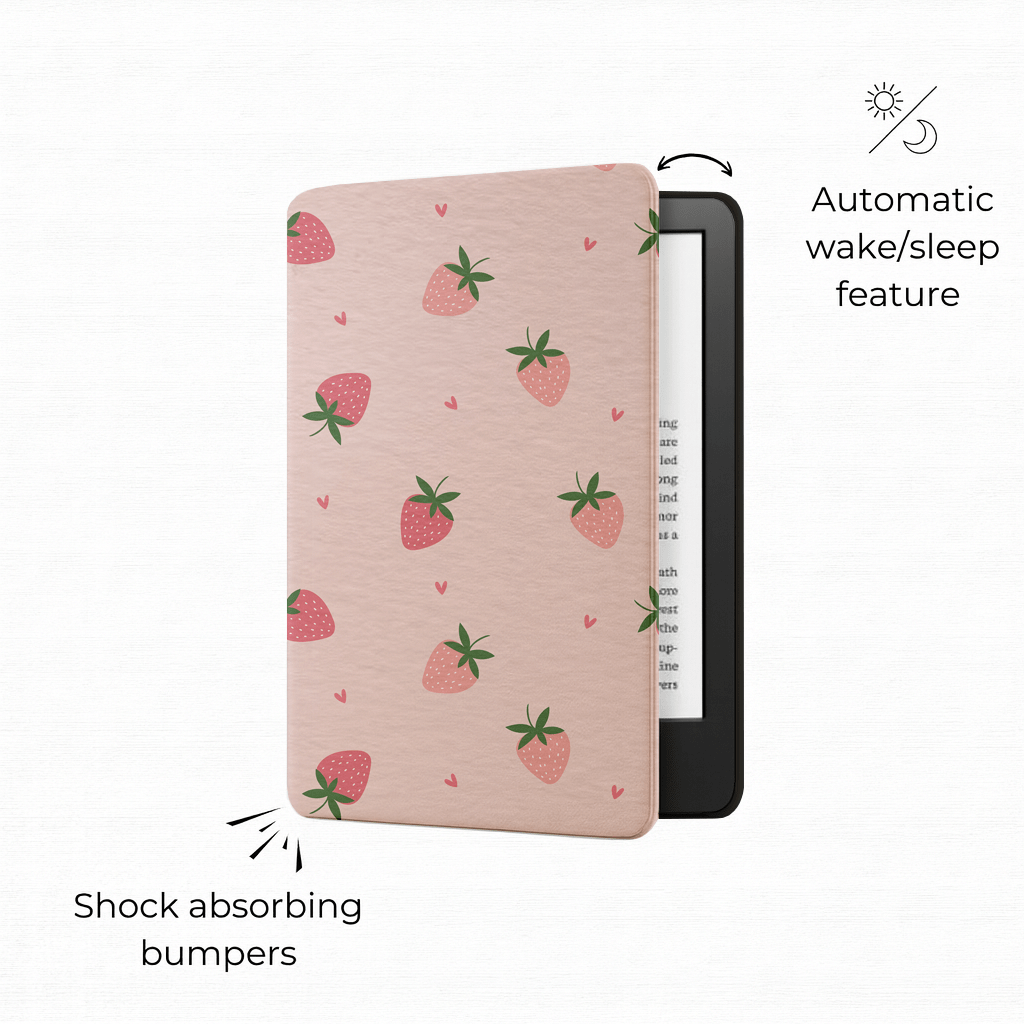 Strawberry Fields Kindle case open showing interior and hand strap functionality