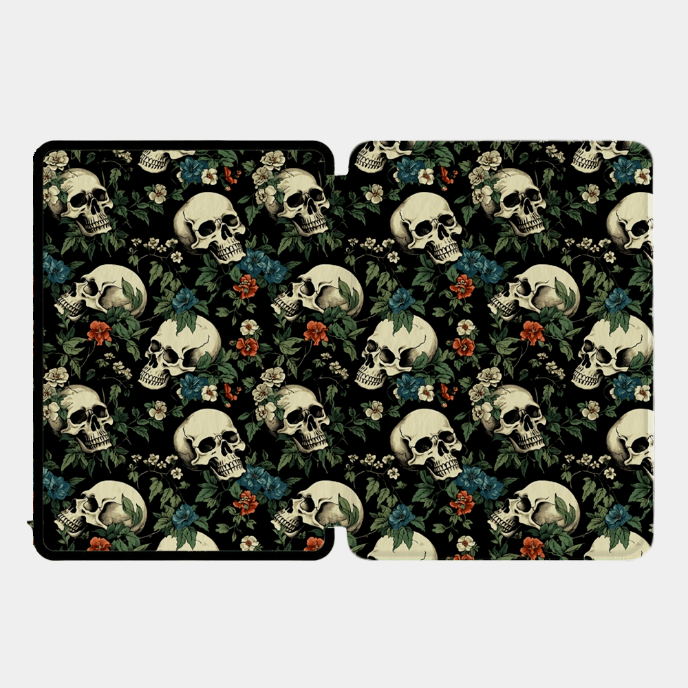 Front and back view of garden of skulls Kindle case showing complete design
