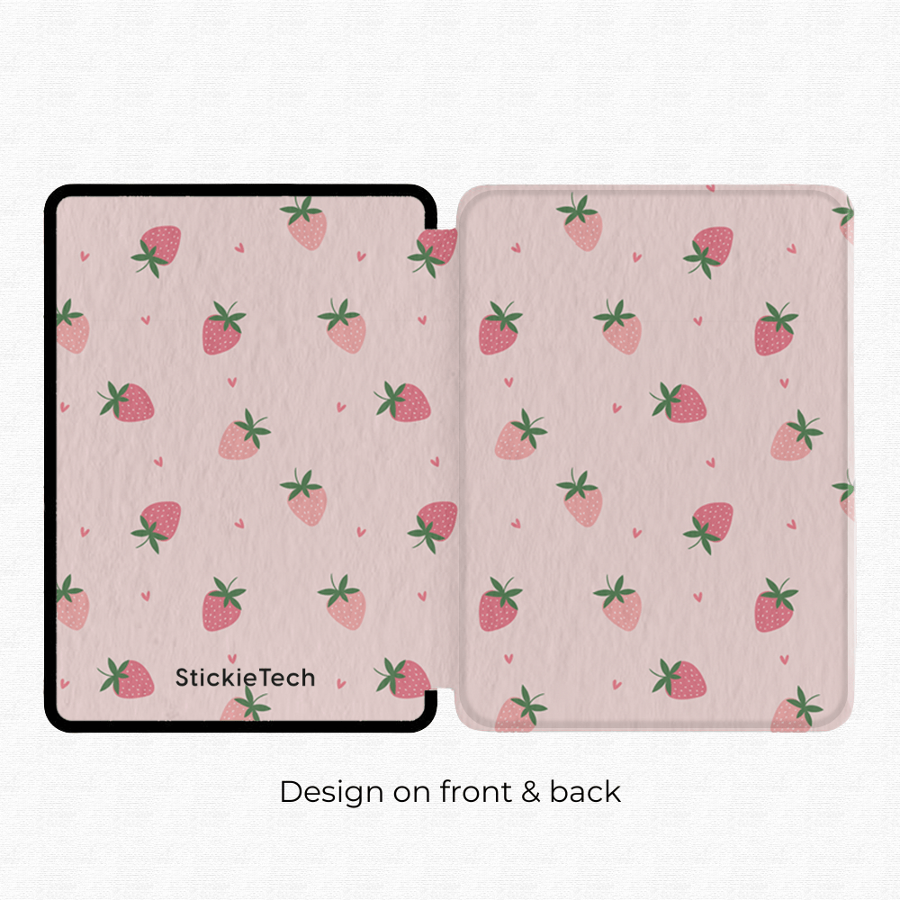 Front and back view of Strawberry Fields Kindle case with strawberry pattern design