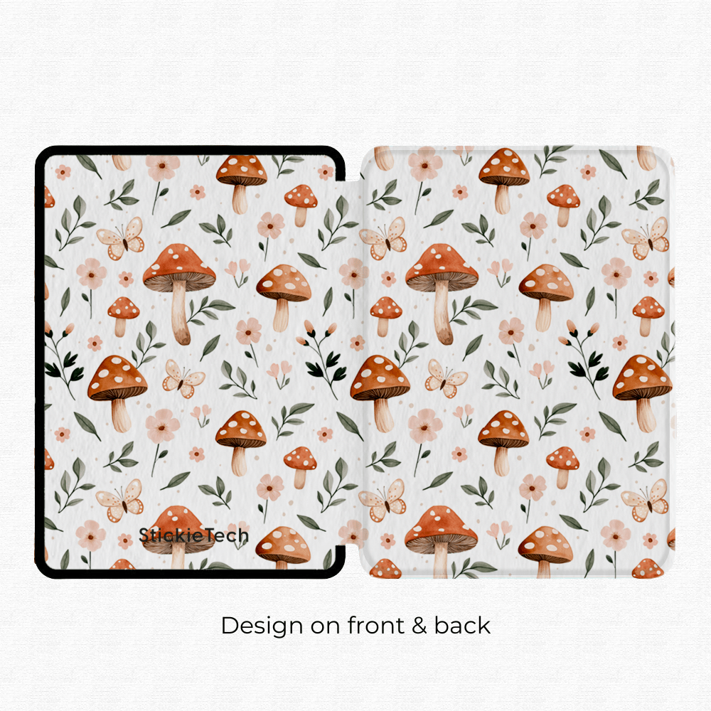 Front and back view of spring mushies Kindle case showing complete design