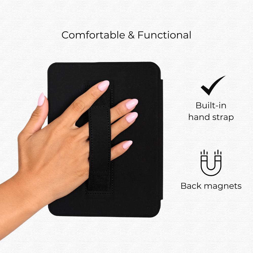Kindle case features infographic showing hand strap and magnets