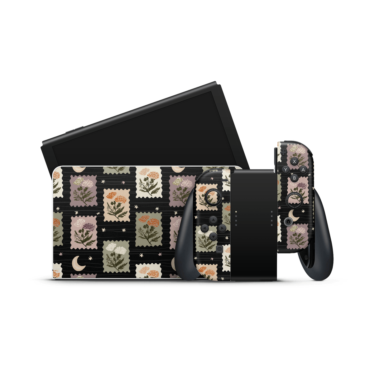 Midnight Floral Stamps Nintendo Switch OLED Decal Skin