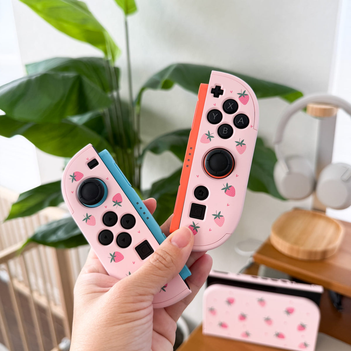 Strawberry Fields Switch 2 Joy-Con covers with matching dock cover