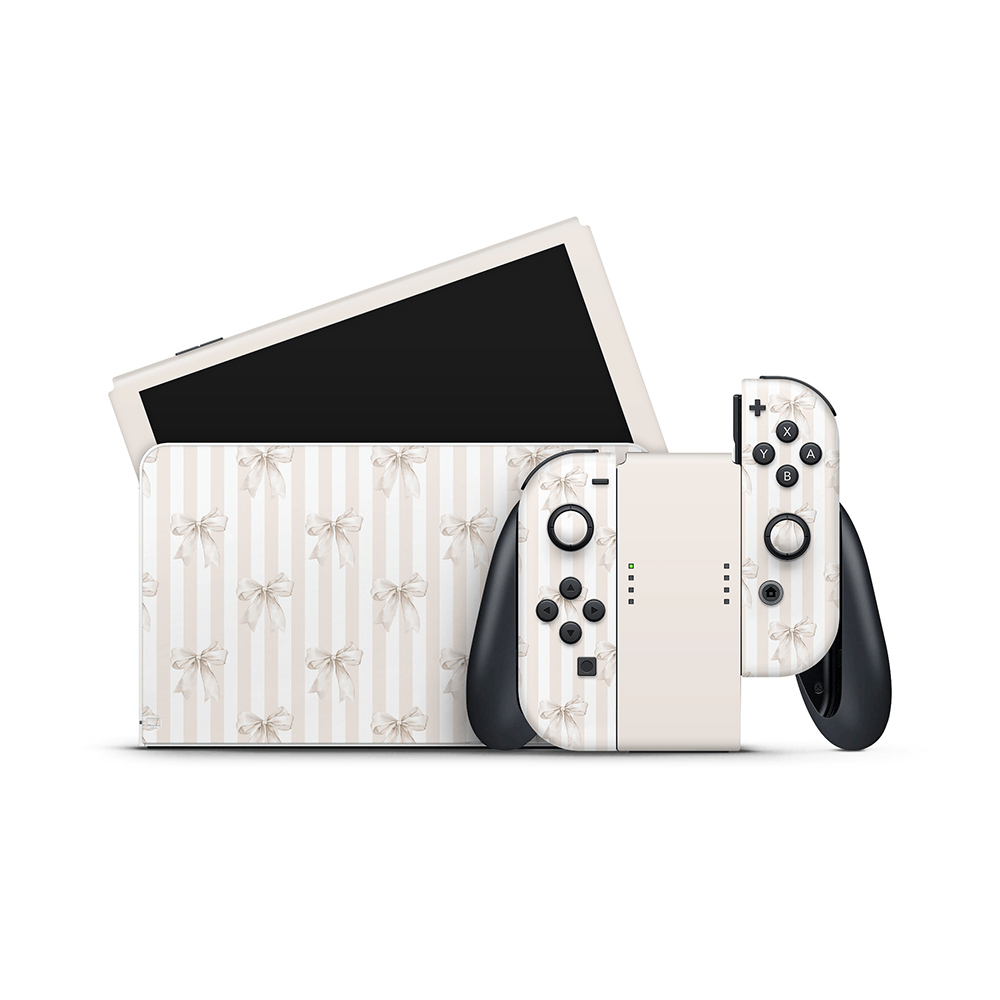 Beige Linen Bows Nintendo Switch OLED Skin
