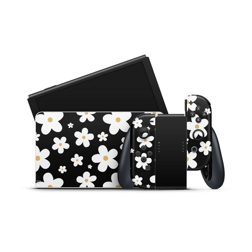 Monochrome Daisy Nintendo Switch OLED Decal Skin