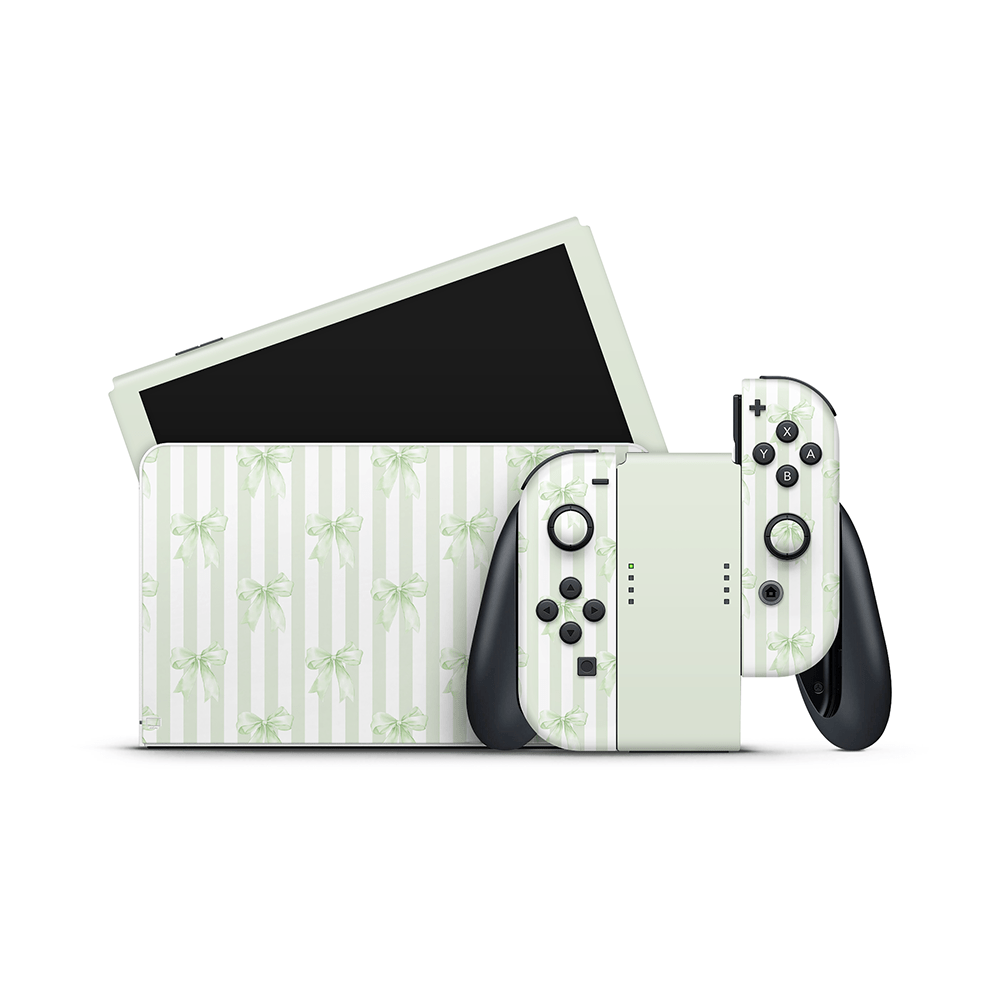 Soft Green Bows Nintendo Switch OLED Skin