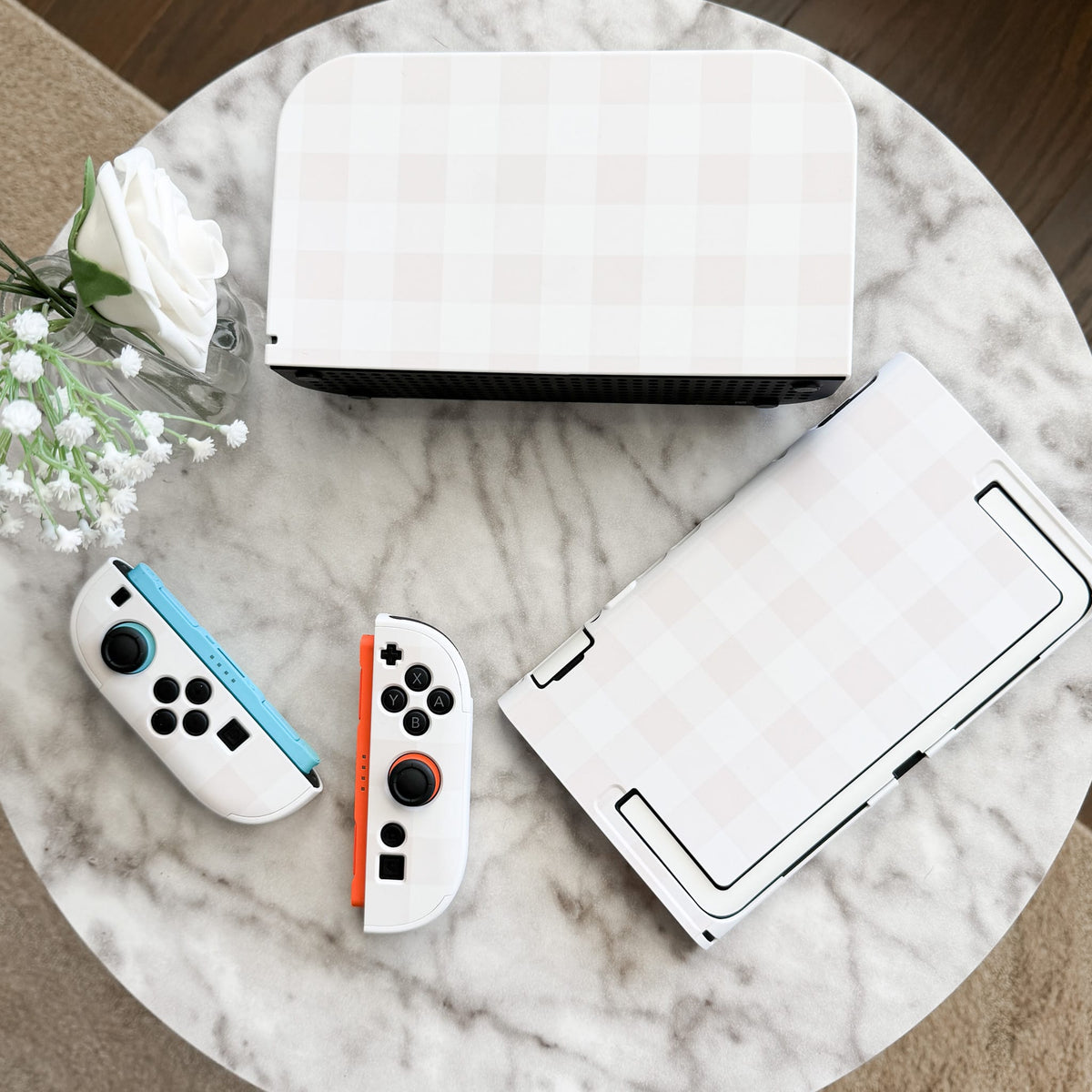 Beige Linen Switch 2 case, Joy-Con covers and dock cover flat lay