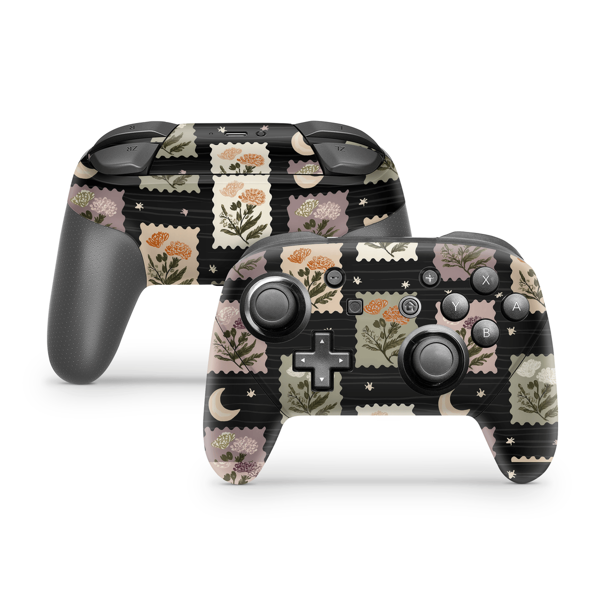 Midnight Floral Stamps Nintendo Switch Pro Controller Decal Skins